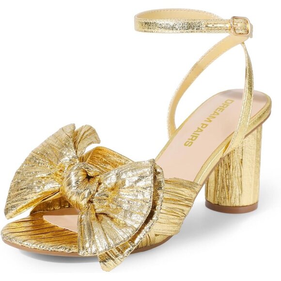 🆕Women's Gold Bow Knot Heels Block Chunky Sandals Open Toe Ankle Strap Wedding - Picture 1 of 7